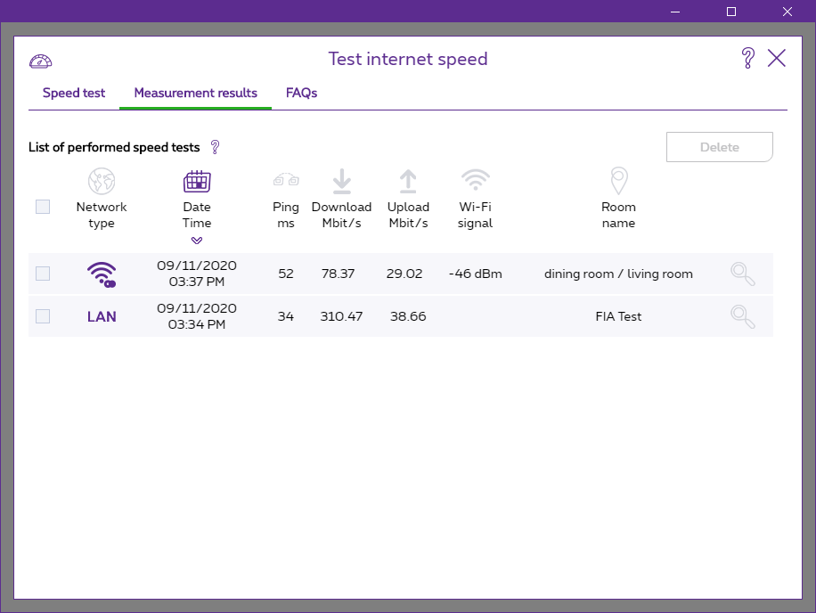Test internet speed results